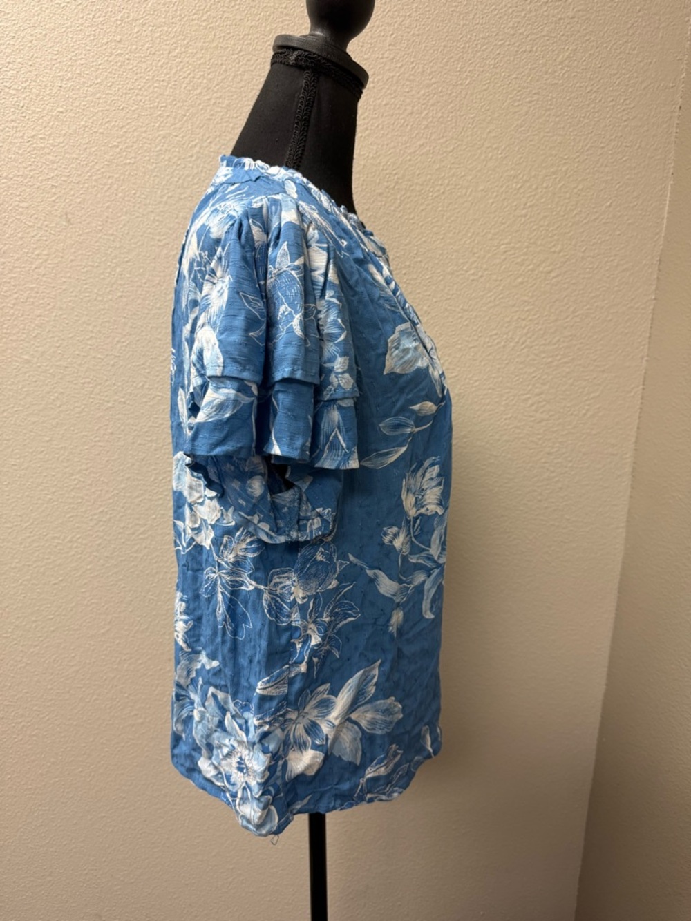 Laura Ashley Blue Floral Blouse XL Boho Cottagecore Short Sleeve Top - Picture 6 of 10